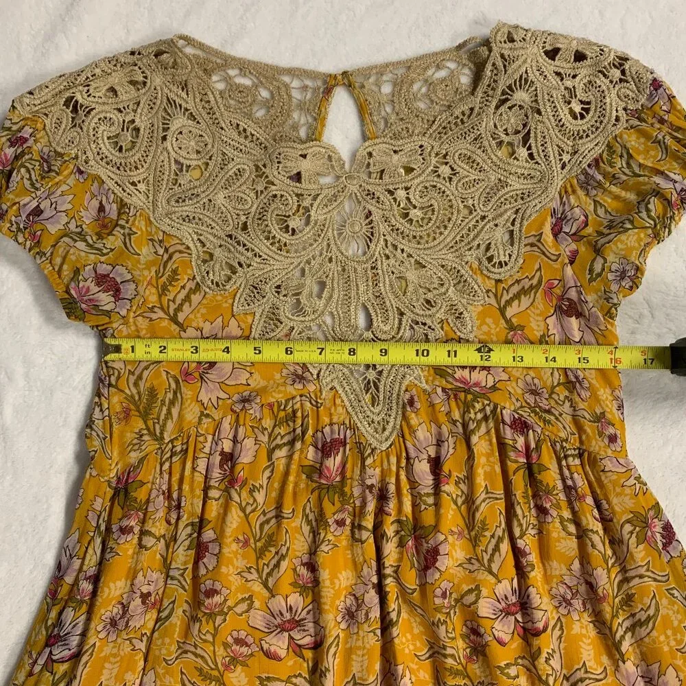 Free People Margot Floral Babydoll Mini Dress XS Yellow Lace Pockets